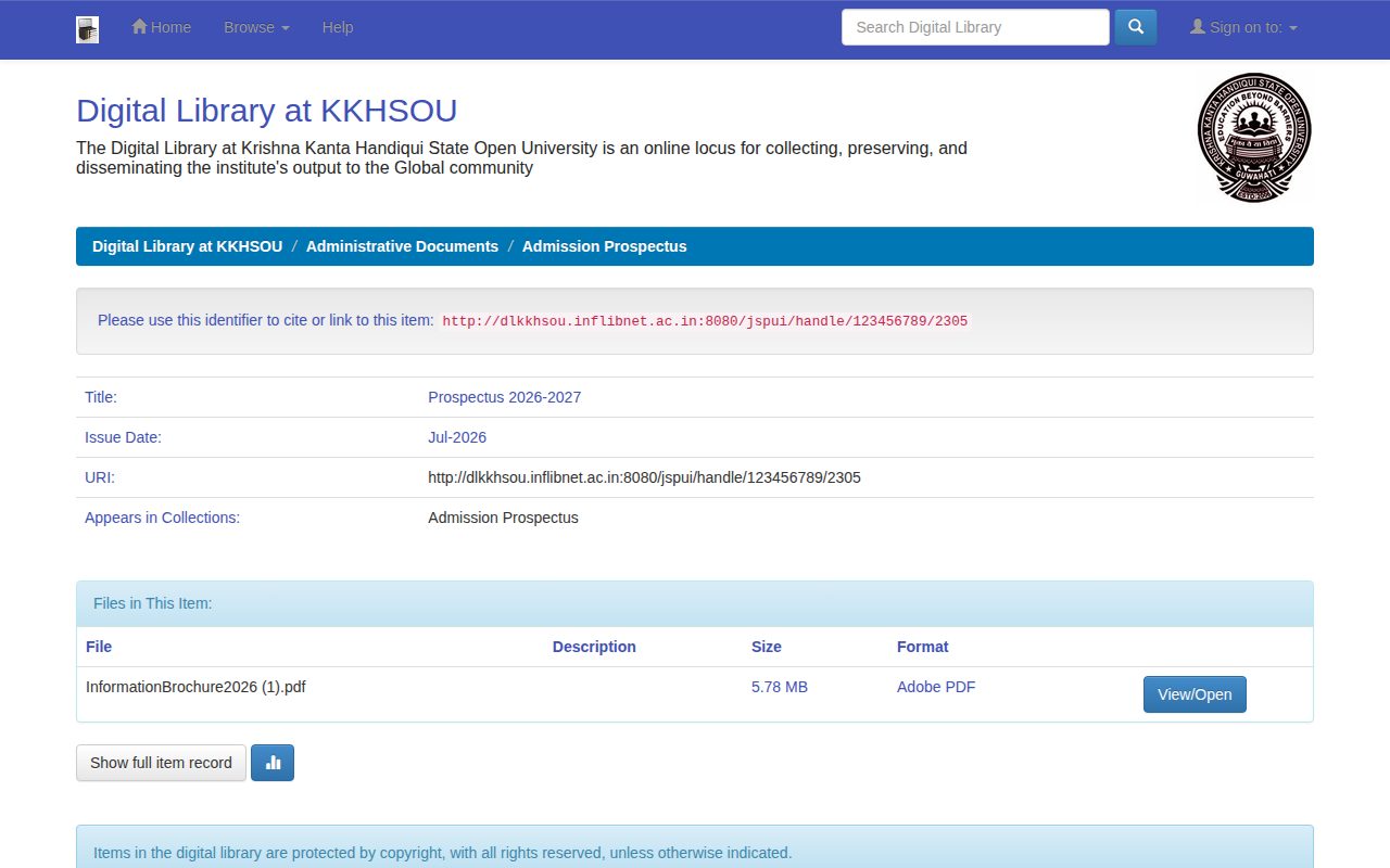 Official KKHSOU page on dlkkhsou.inflibnet.ac.in: access Prospectus 2026-2027 digital handle page