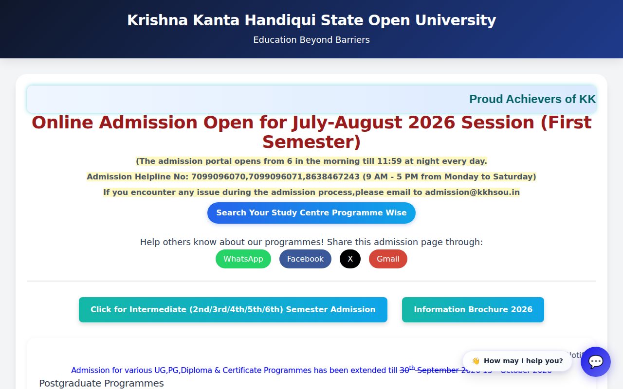 Official KKHSOU page on kkhsou.ac.in: access July 2026 online admission portal