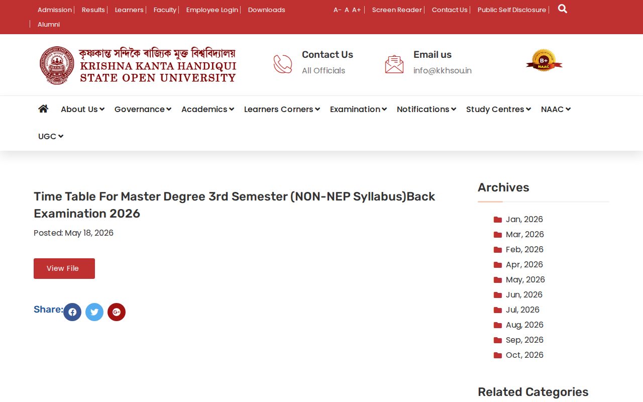 Official KKHSOU page on kkhsou.ac.in: view Master Degree 3rd Sem NON-NEP Back Time Table